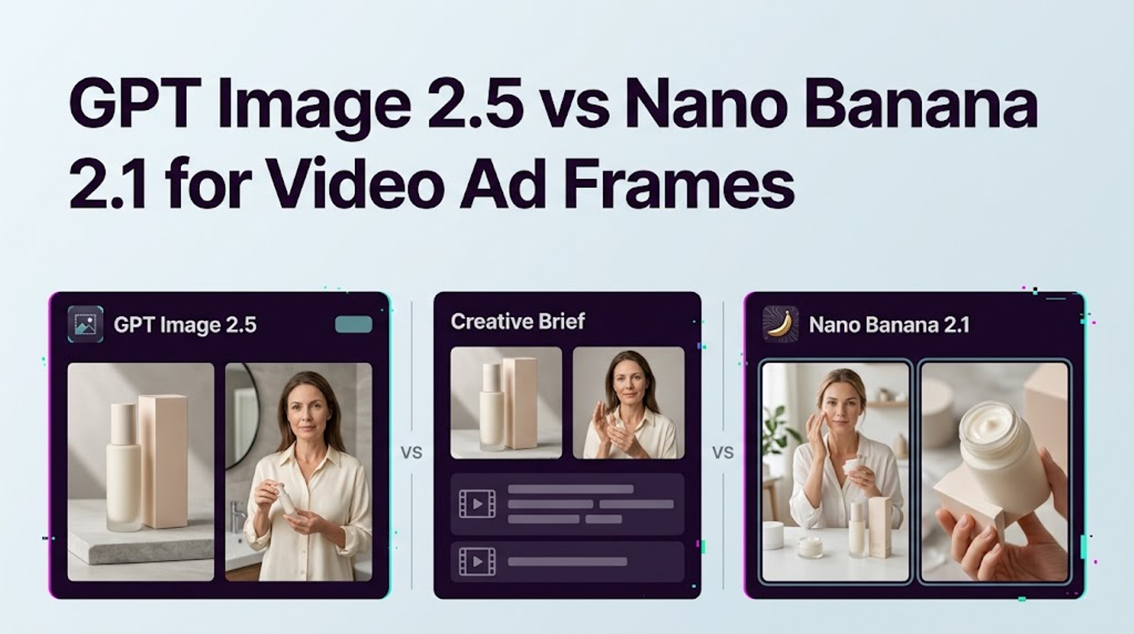 A visual comparison layout comparing gpt image 2.5 vs nano banana 2.1 for video ad frames.