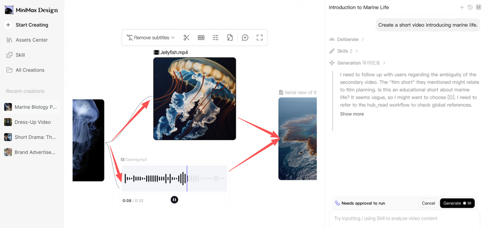 Node-based editor interface utilizing minimax image to video for marine content.