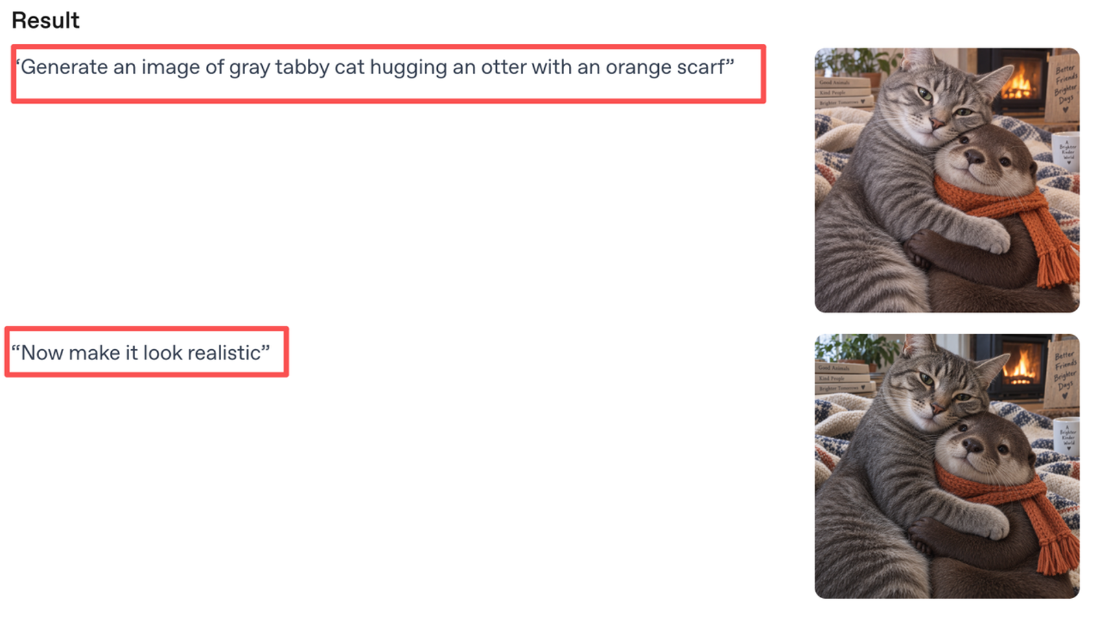 AI image prompts showing a tabby cat hugging an otter to test gpt image 2.5 vs nano banana 2.1.