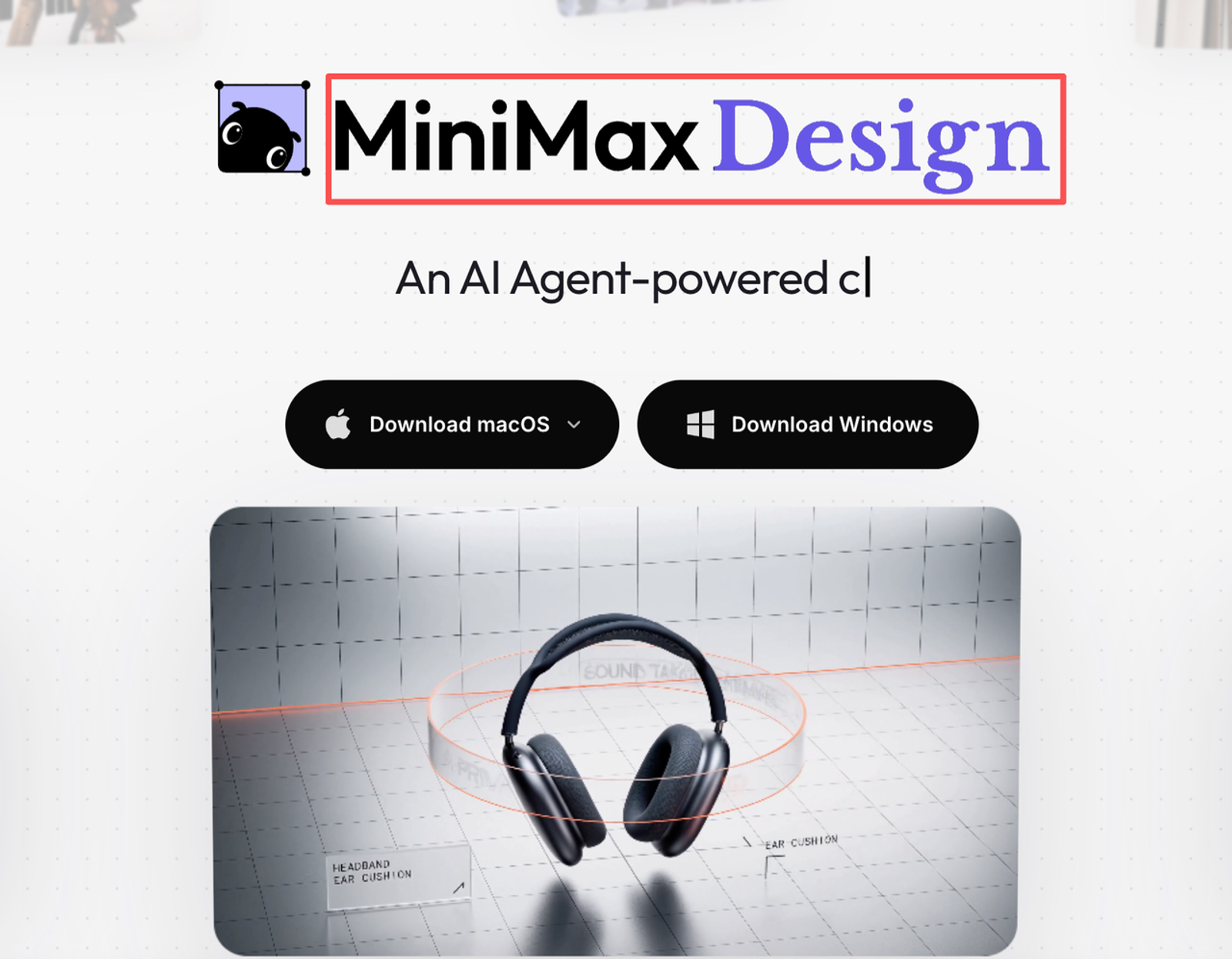Download page for minimax image to video design app with 3D headphone render.