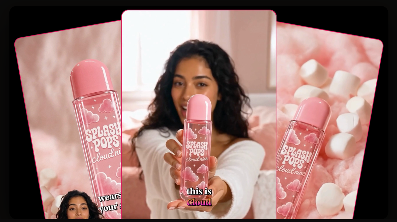 Model presenting pink cosmetics bottle designed for engaging product video ads campaigns.