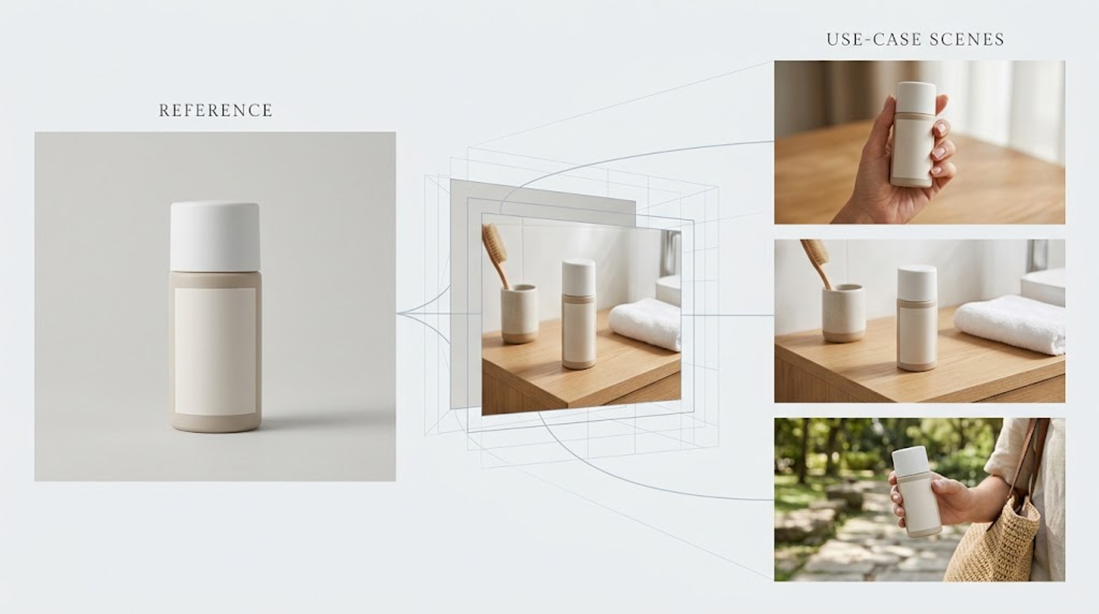 Diagram showing a white product reference transformed into hand-held, bathroom countertop, and outdoor use-case scenes