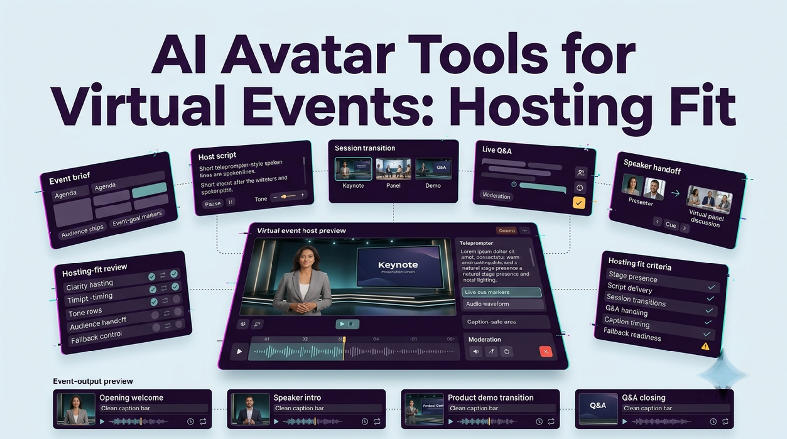 Platform dashboard featuring ai avatar tools for virtual event hosting script and session controls.