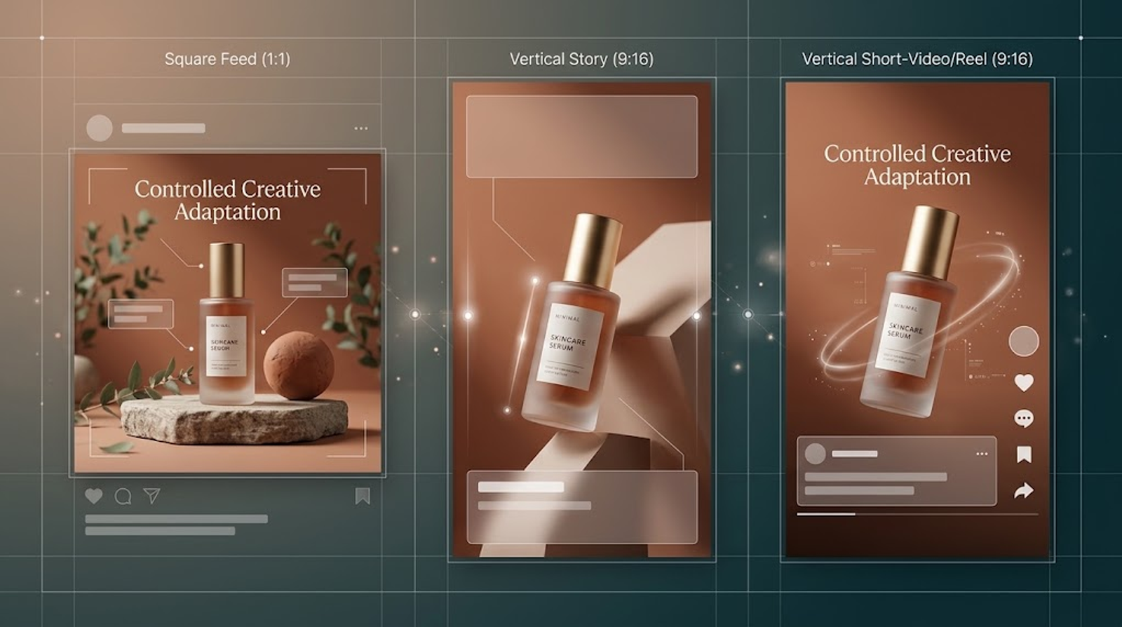 GPT Image 2.5 social media ad formats showing a skincare product adapted for square feeds, vertical stories, and short-form video reels