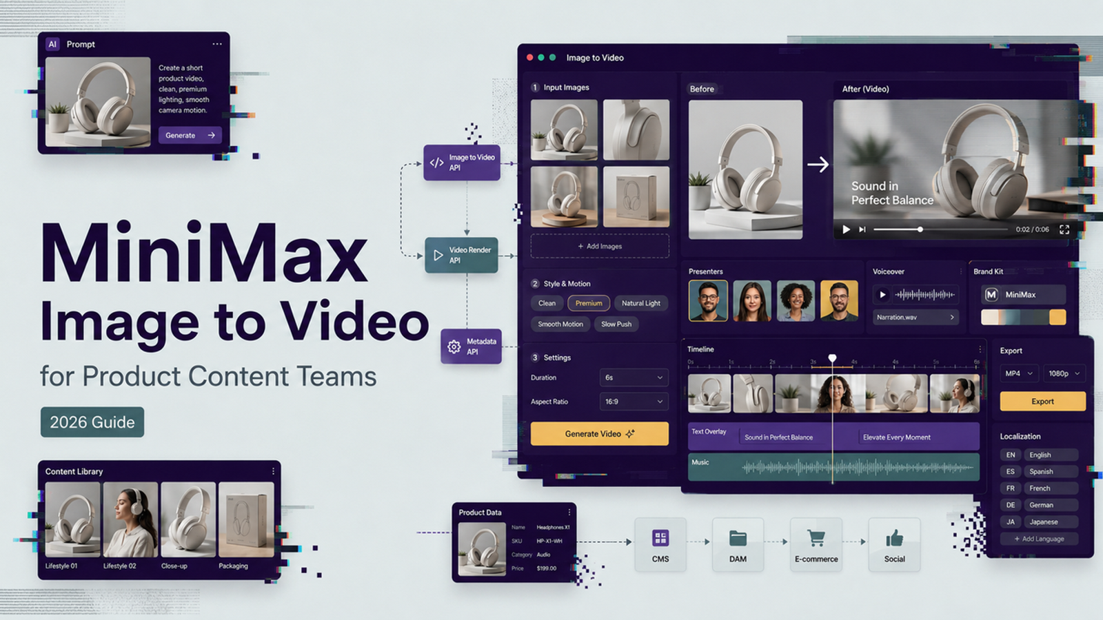 Dashboard UI showing minimax image to video workflow for product headphone ads.
