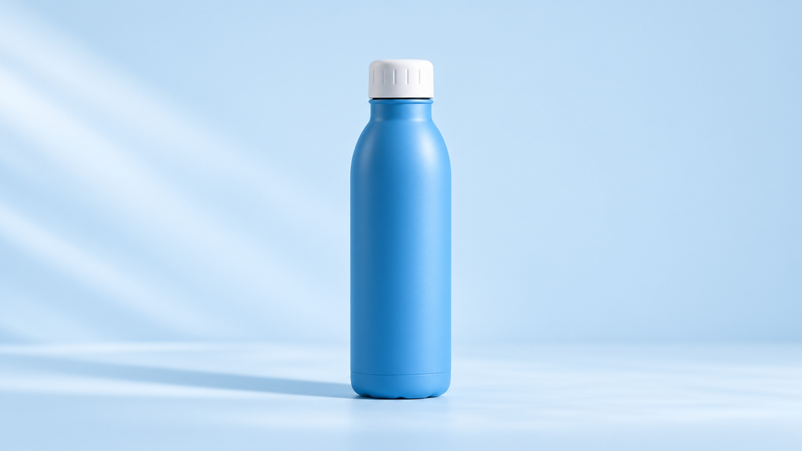 A blue insulated water bottle generated using nano banana 2.1 prompts against a light blue backdrop.