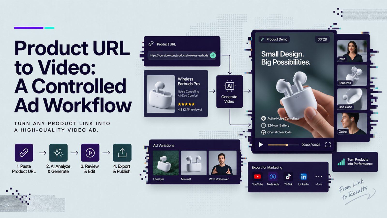 Diagram showing how a product url to video workflow converts links into social video ads.