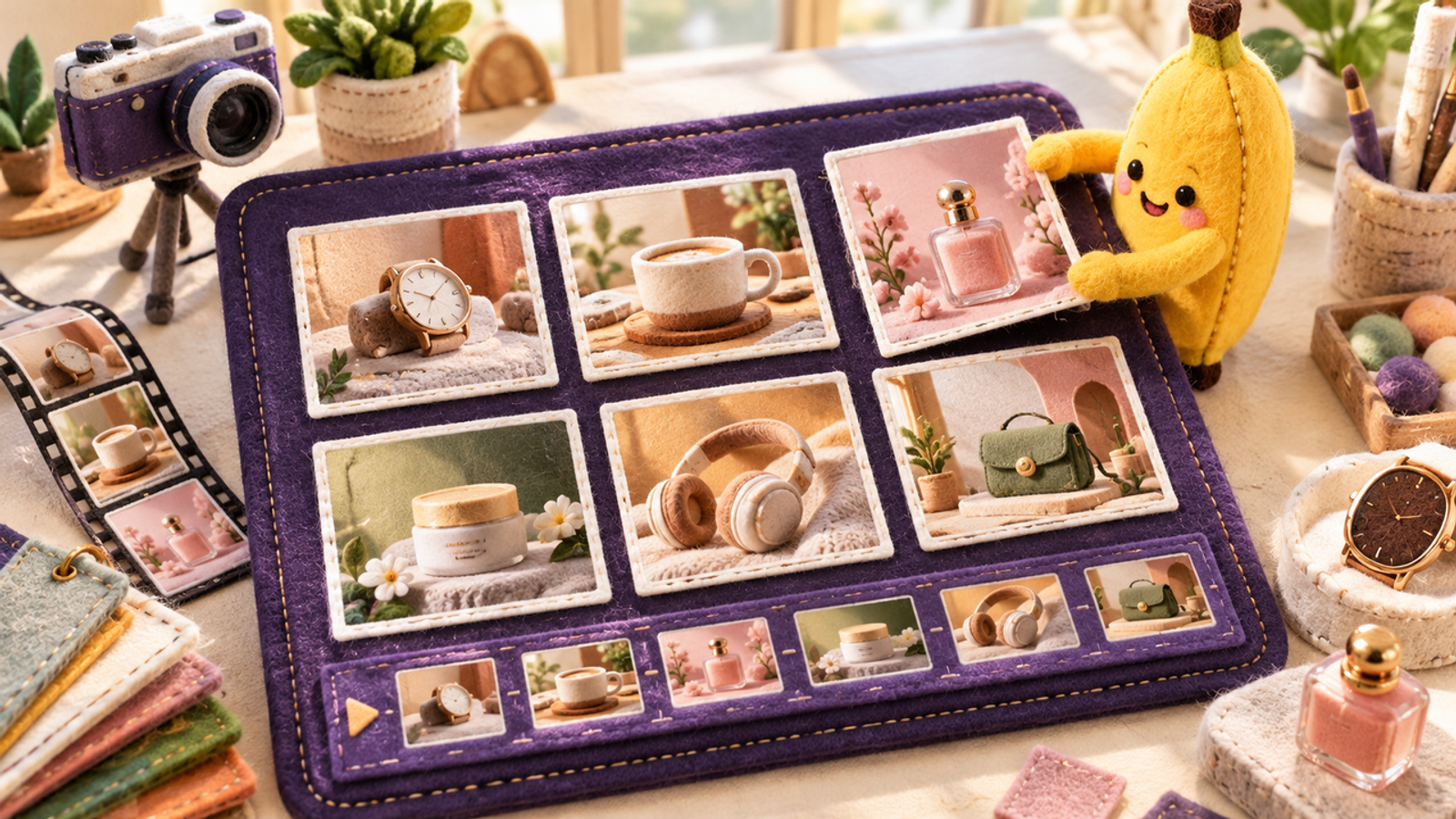 A cute felt craft miniature scene demonstrating how to use nano banana 2.1 for image generation.