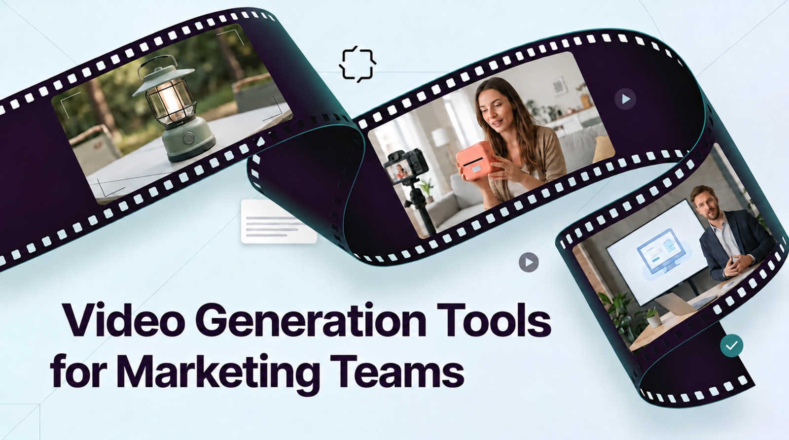 A film strip graphic displaying various marketing scenes created by top ai video generation tools.