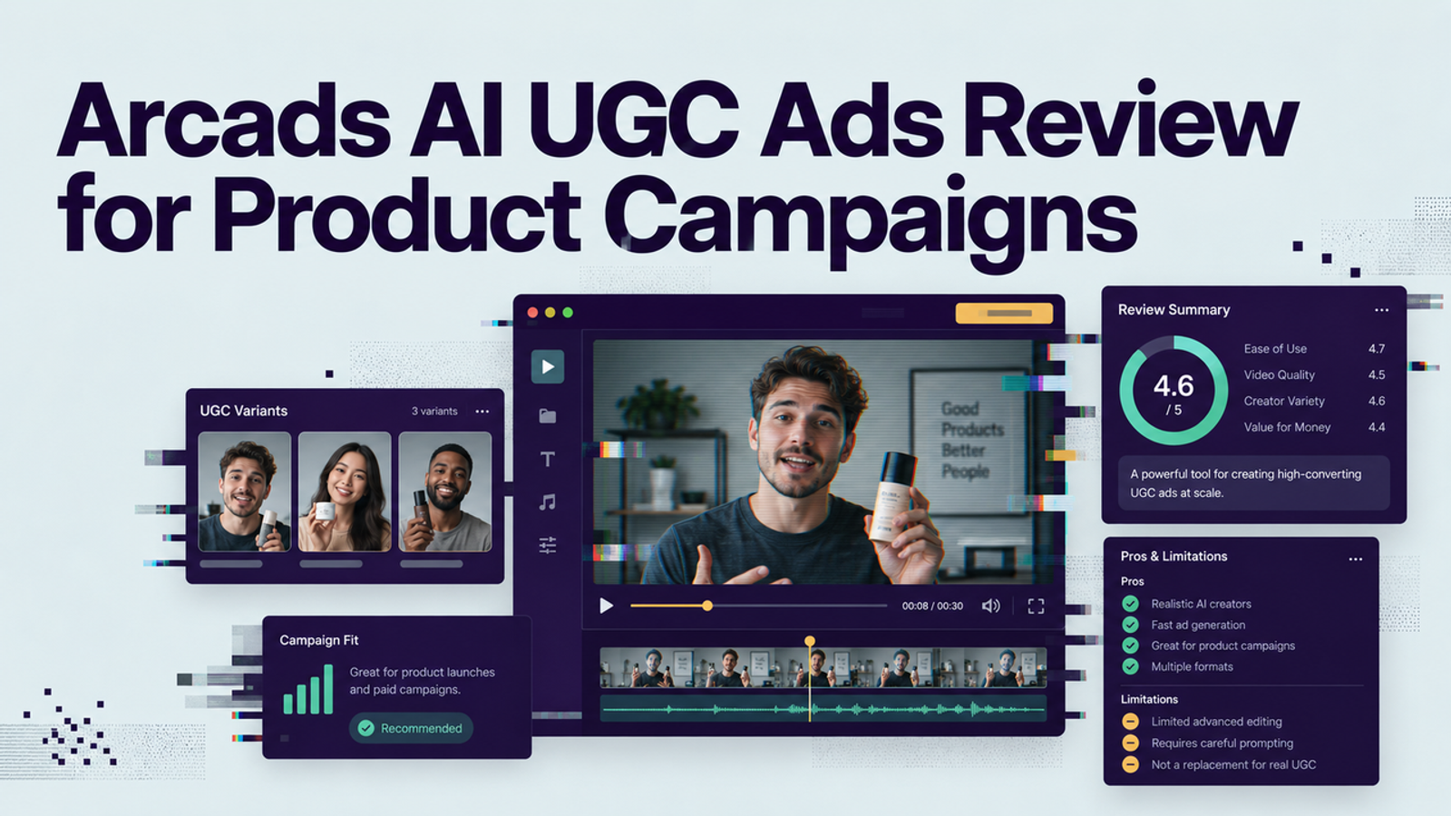 Platform dashboard showing Arcads AI UGC ads review metrics and creator video variants.