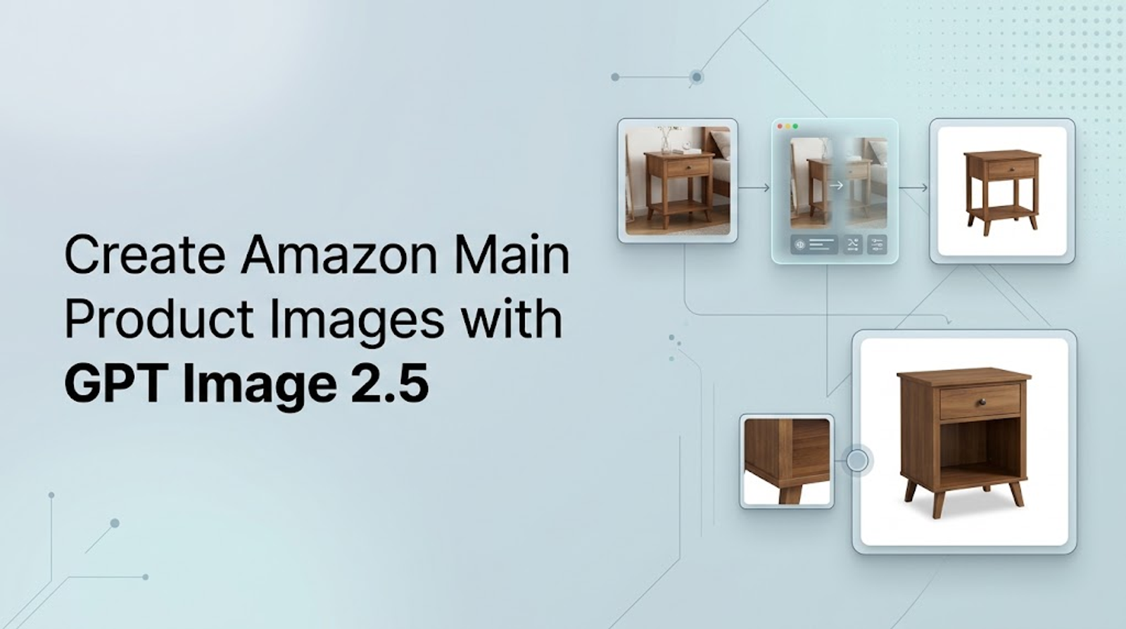 Graphic showing how to create Amazon main product images with GPT Image 2.5 using staged wood nightstand examples