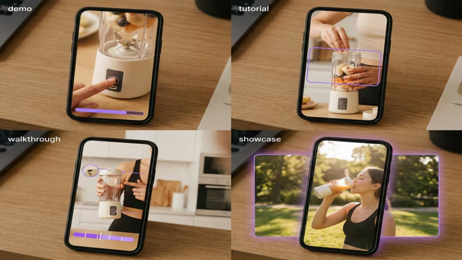 Four smartphone screens demonstrating various product demo video examples on a wooden table.