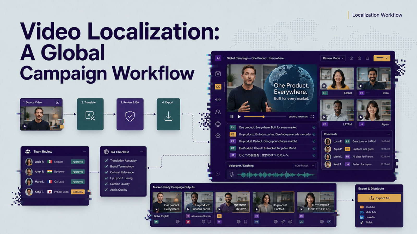 Interactive dashboard mapping out the complete video localization workflow for global campaigns.