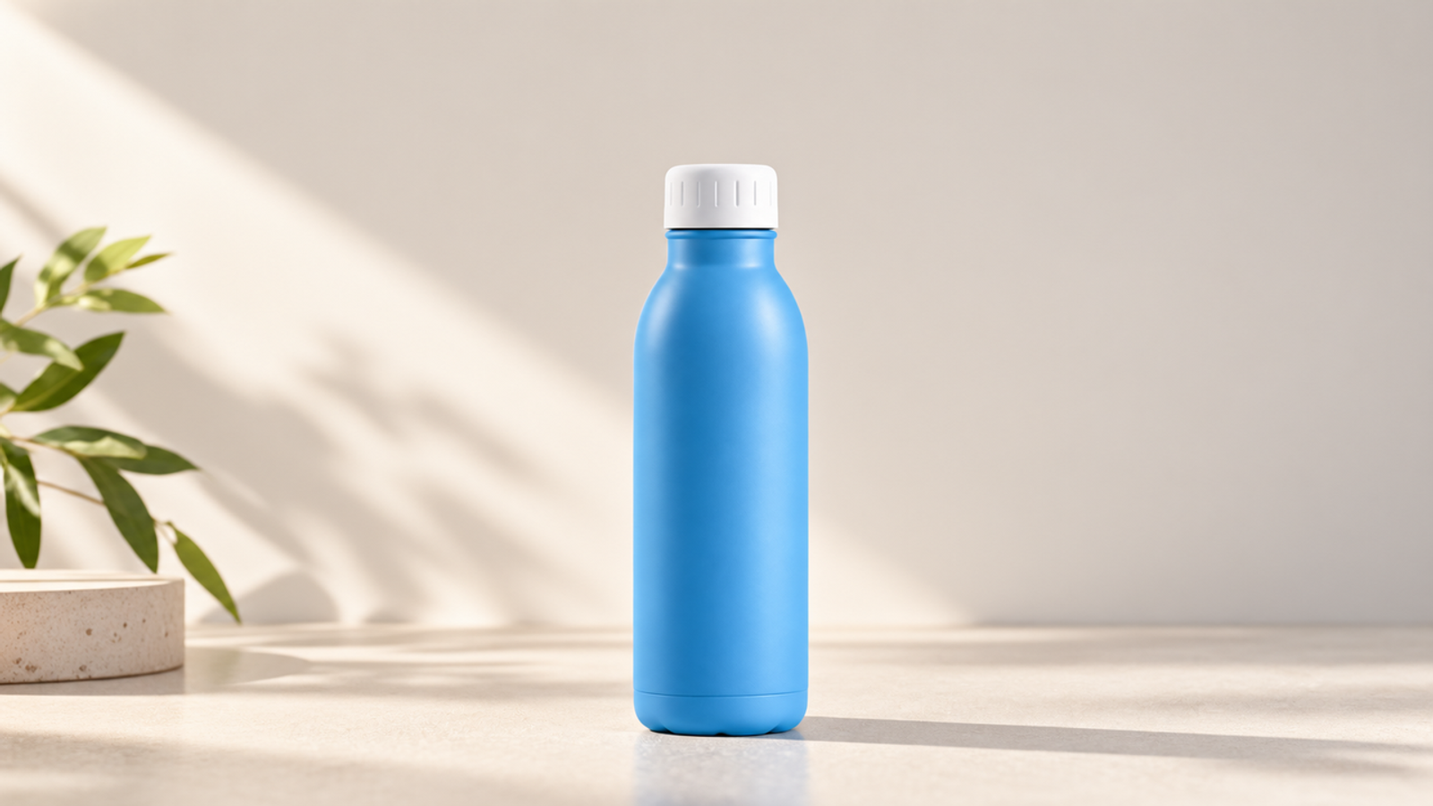 A blue water bottle on a beige surface with leaf shadows designed using nano banana 2.1 prompts.