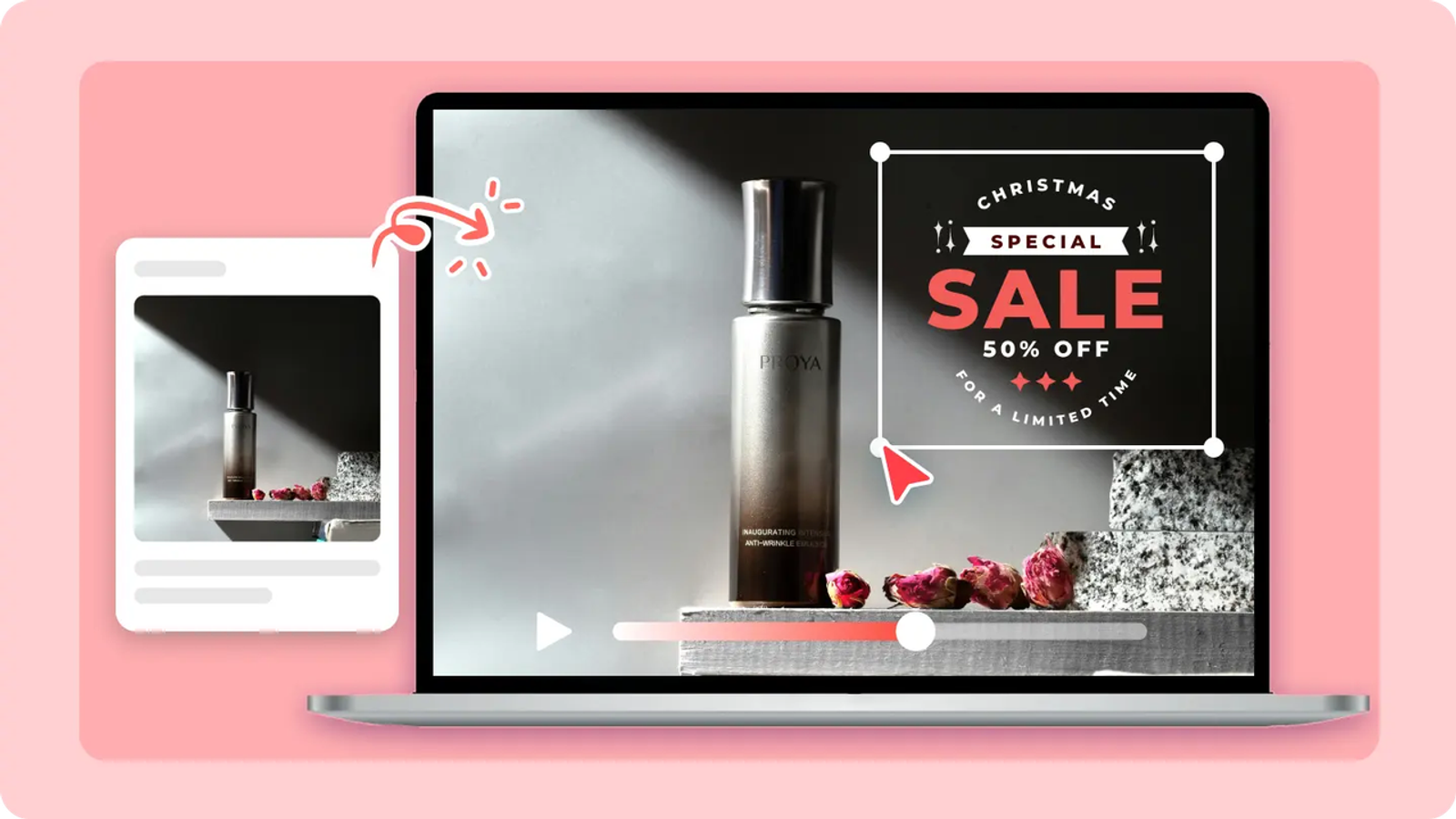 Topview T1 vs Seedance 2.5 ad workflow example shows a perfume product video with an editable holiday sale overlay.
