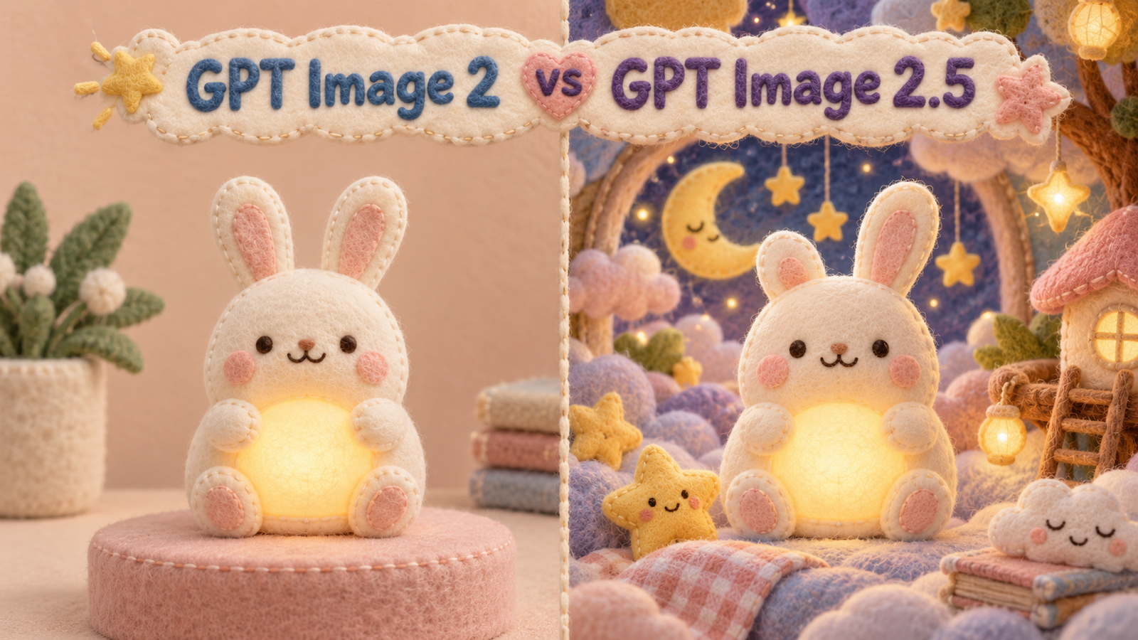 GPT Image 2 versus GPT Image 2.5 comparison shown with a plush bunny before-and-after scene