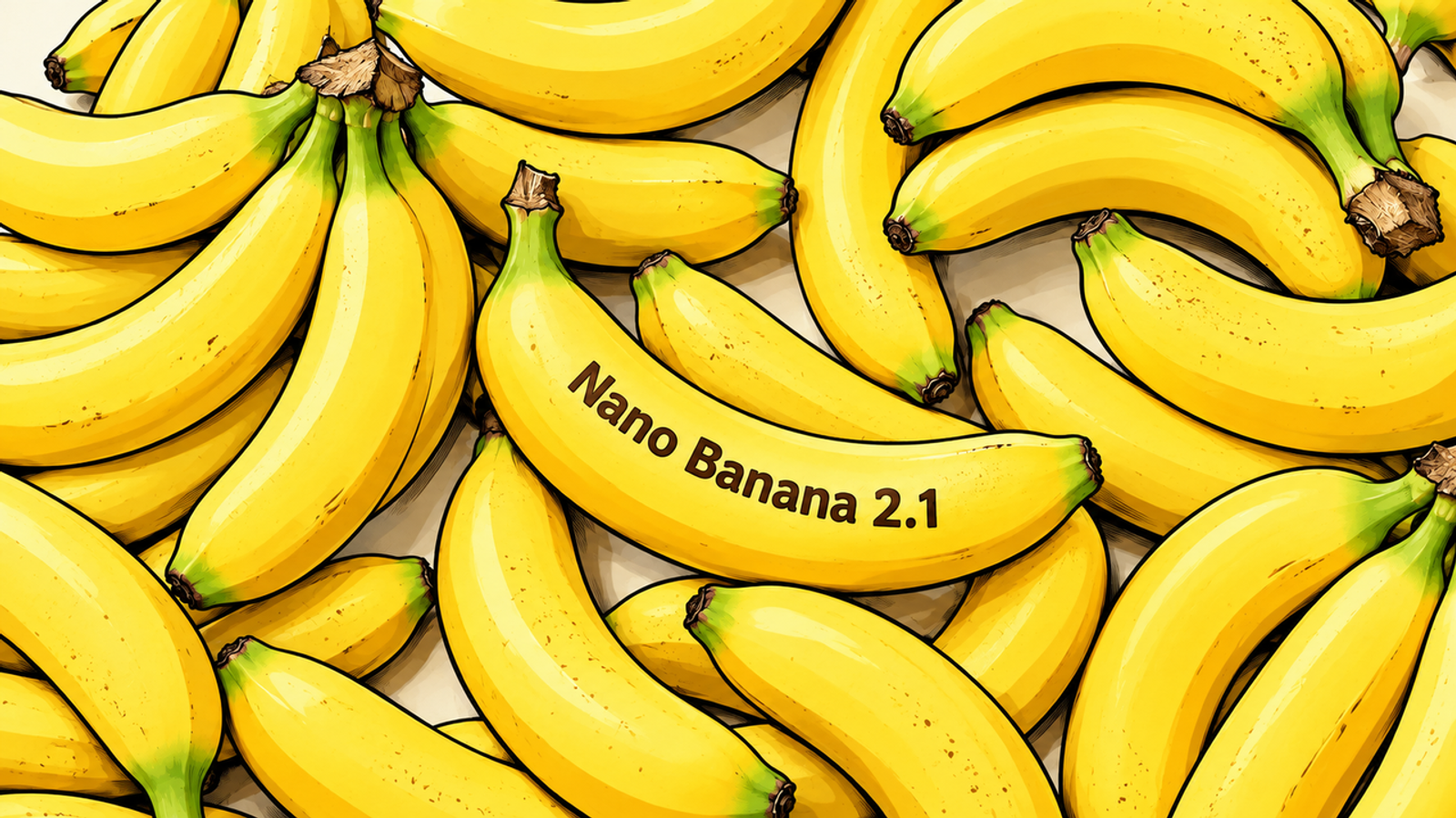 A pile of yellow bananas with central text illustrating model features of nano banana 2.1 vs pro.