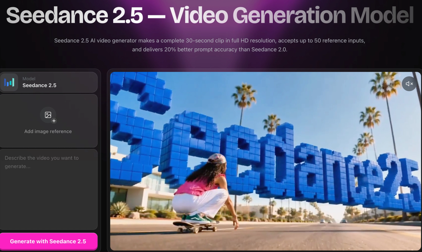 Web application workspace for seedance 2.5 displaying 3D block text video generation tools.