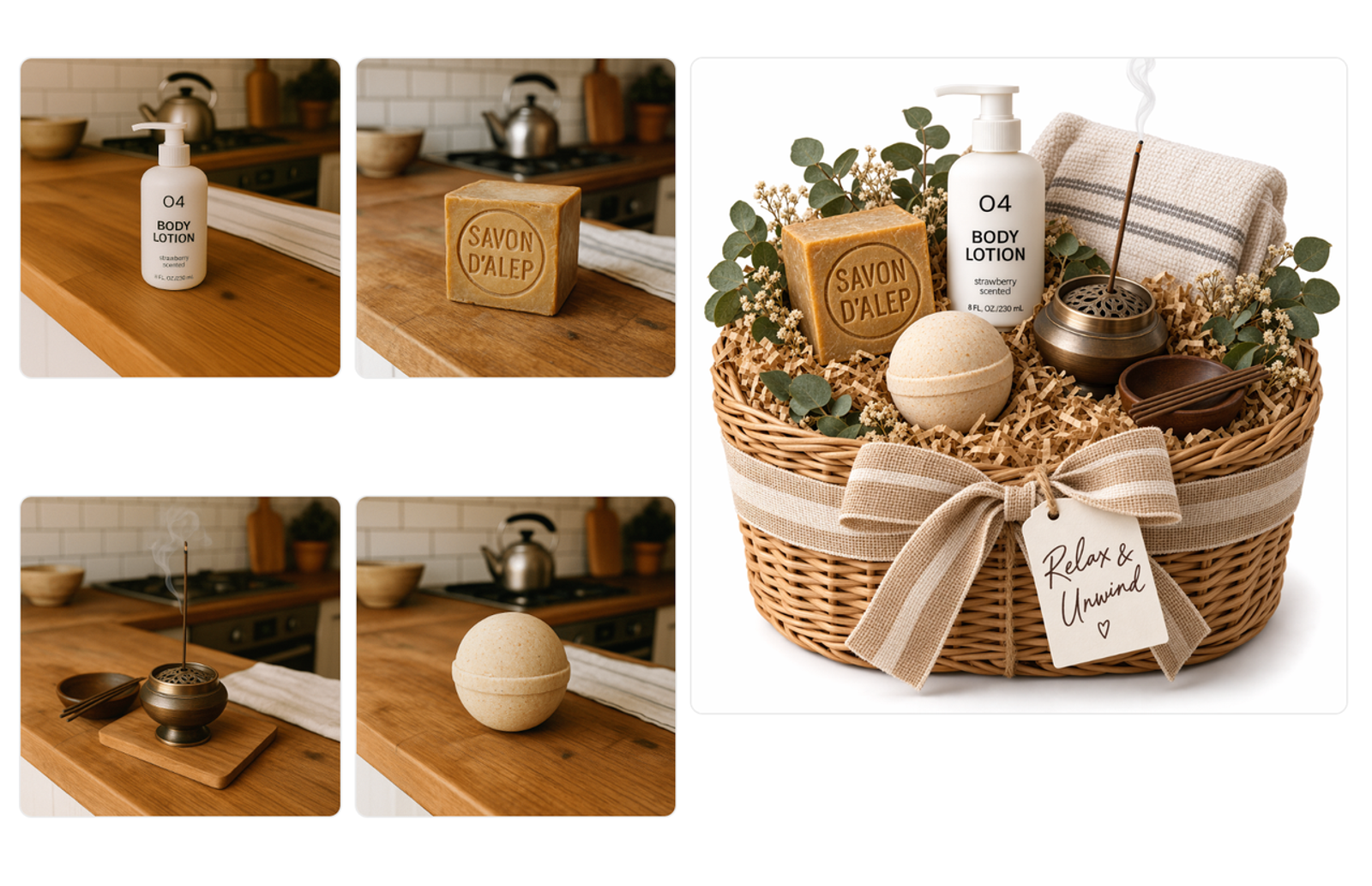 Individual body care products arranged into a gift basket generated by gpt image 2.5 vs nano banana 2.1