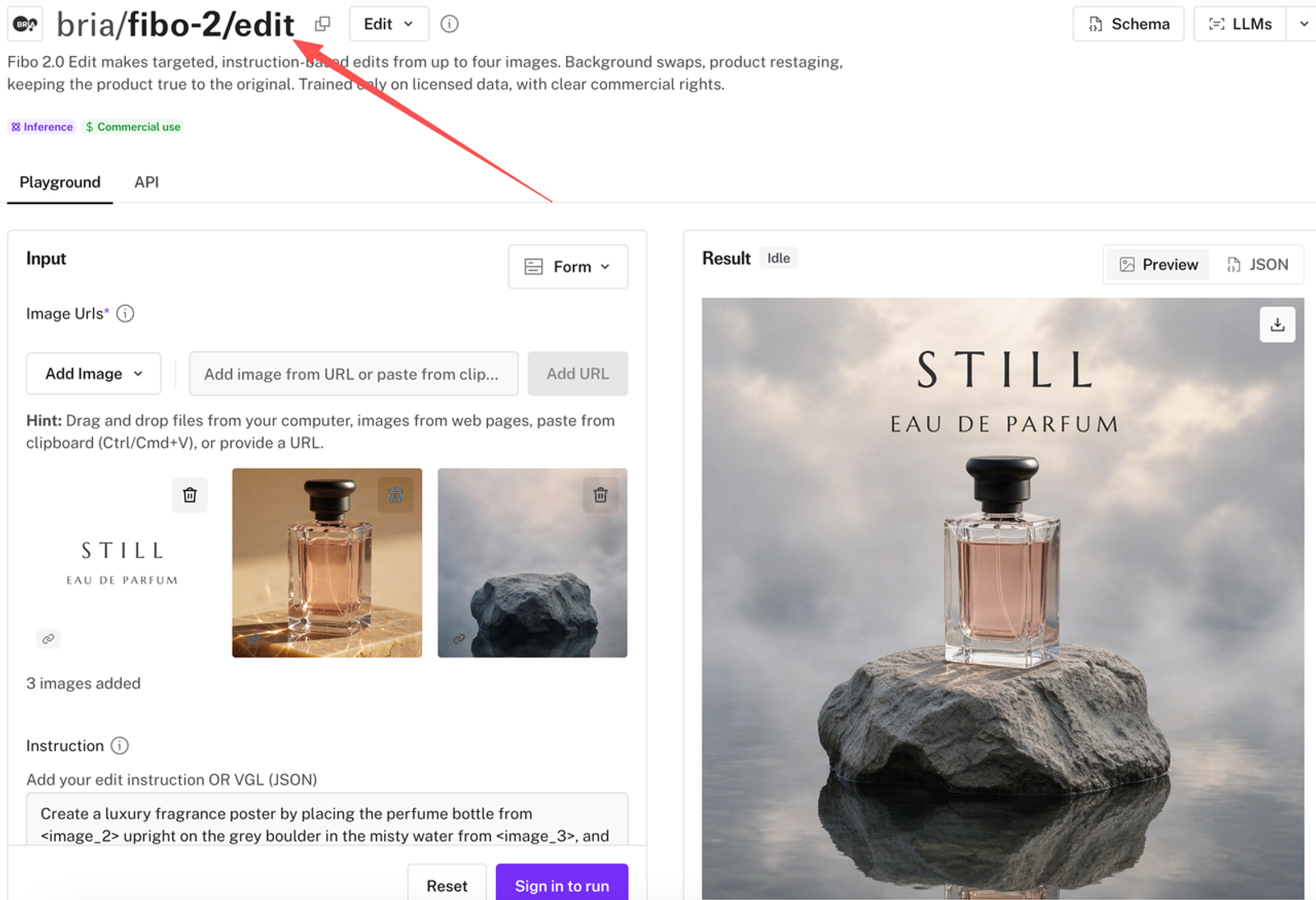 Fibo 2 prompts in Bria's edit playground use perfume references and instructions to create a fragrance poster.