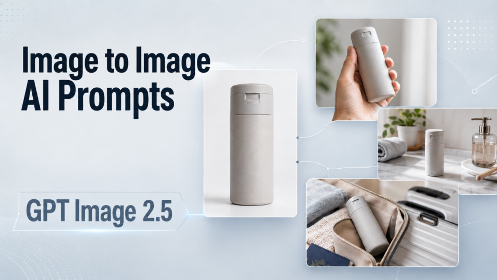 Hero graphic showing GPT Image 2.5 turning a white product bottle into hand-held, bathroom, and travel use-case scenes