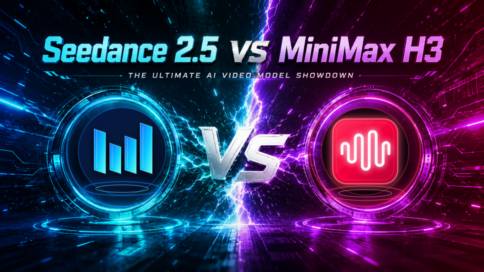 A cyber-themed VS battle poster between Seedance 2.5 and MiniMax H3