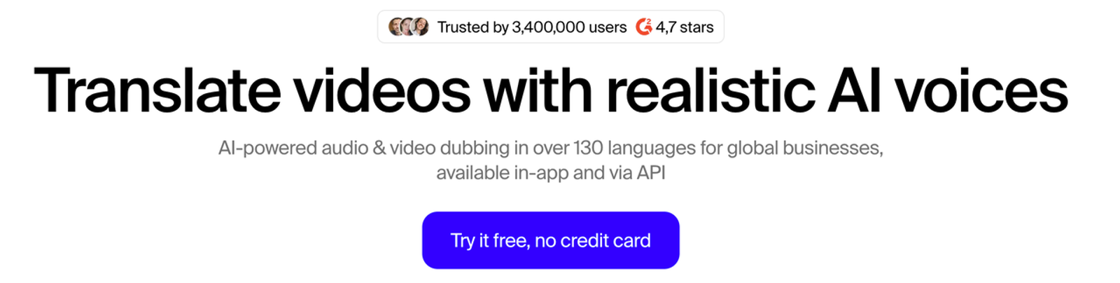 Homepage header showing Rask AI video translation capabilities using realistic AI voice dubbing for global marketing.
