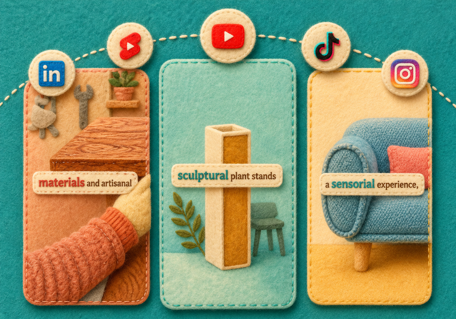 Felt art smartphone frames showing social media video clips created with an ai spokesperson video tool.