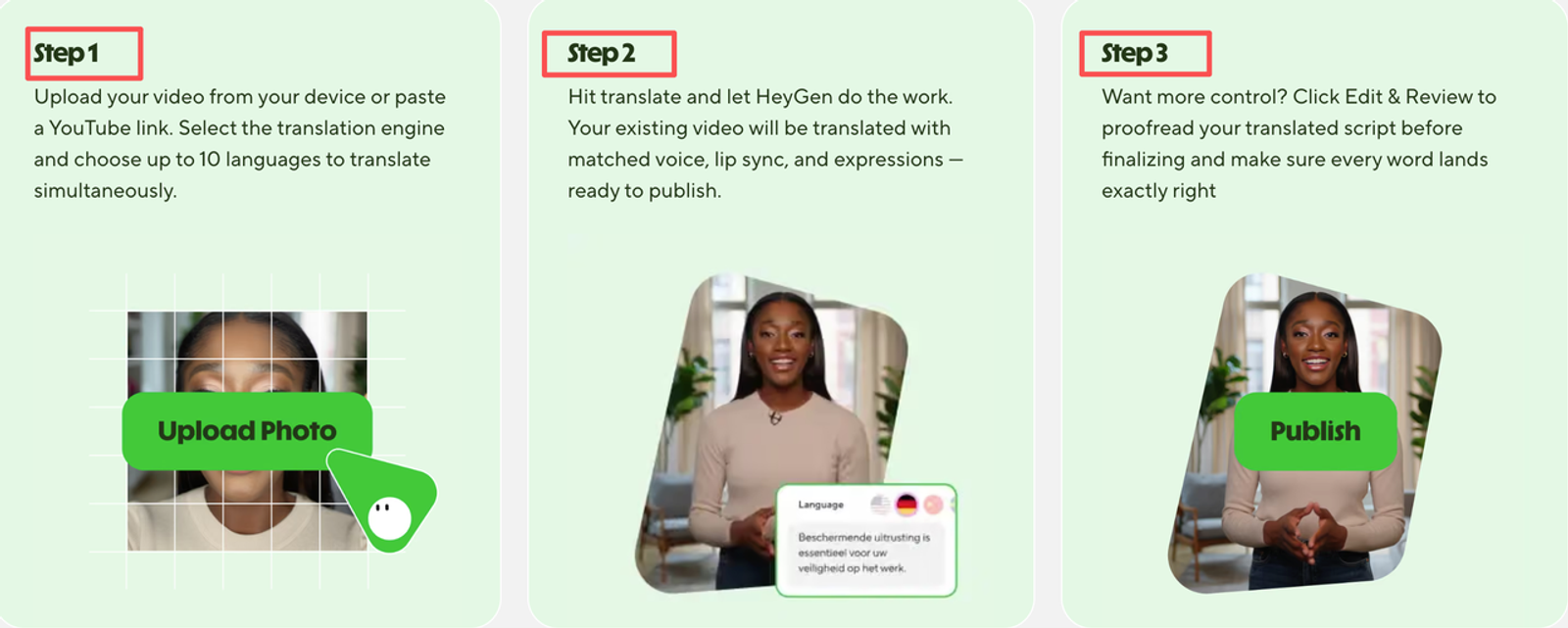 Step-by-step tutorial card illustrating heygen video translation for global campaigns.