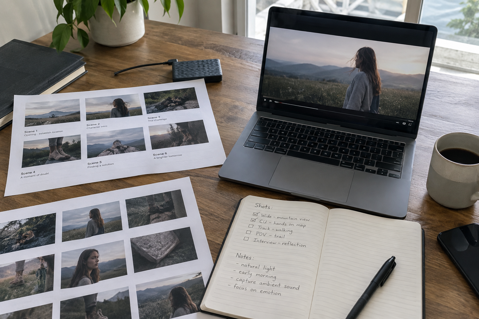 Printed storyboard cards and a laptop on a marketing review desk