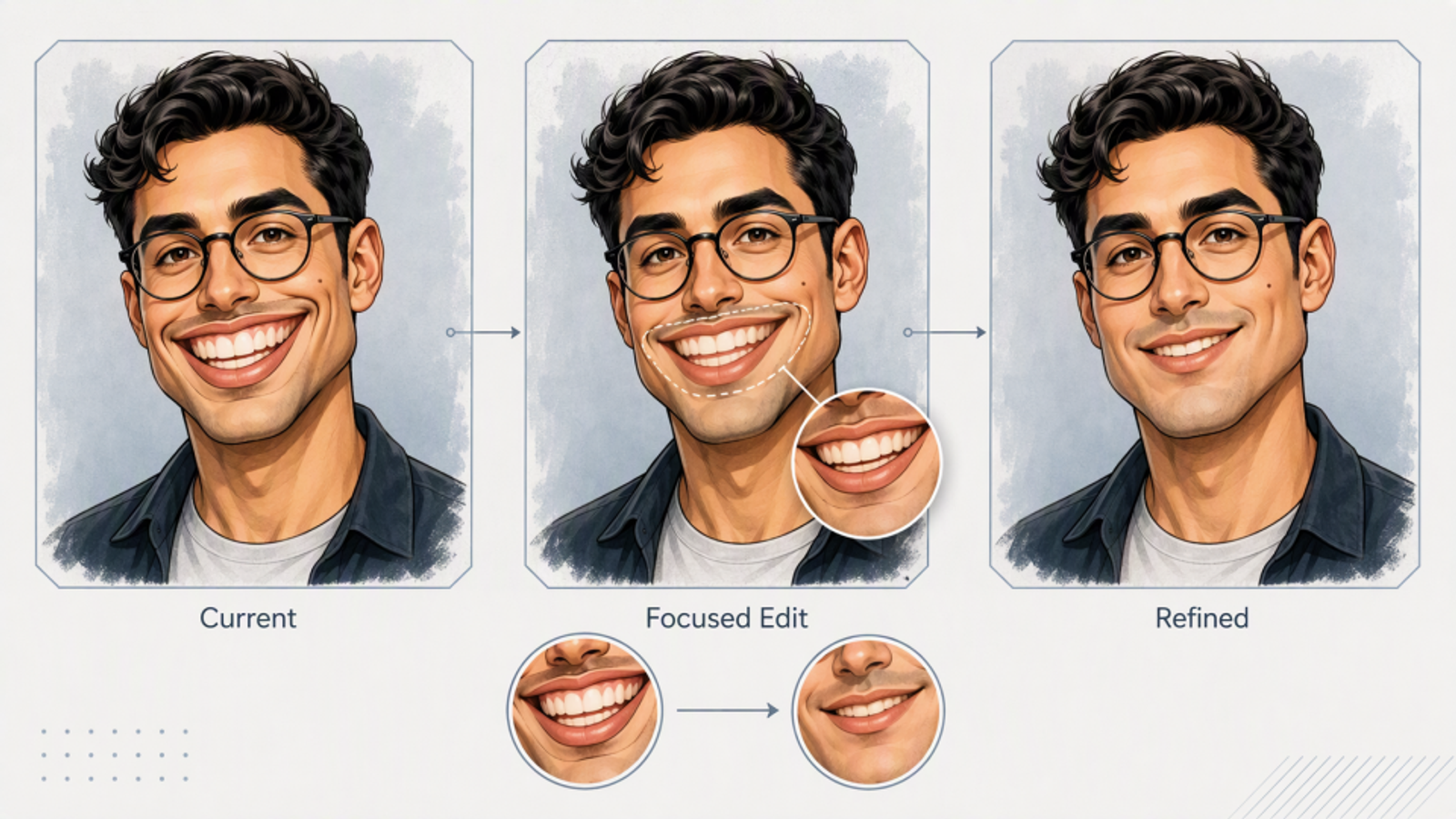 Three-stage caricature refinement showing a current portrait, focused smile edit, and refined final result