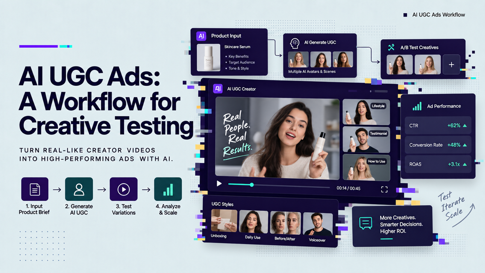 Diagram illustrating the four-step creative testing workflow for high-performing ai ugc ads.