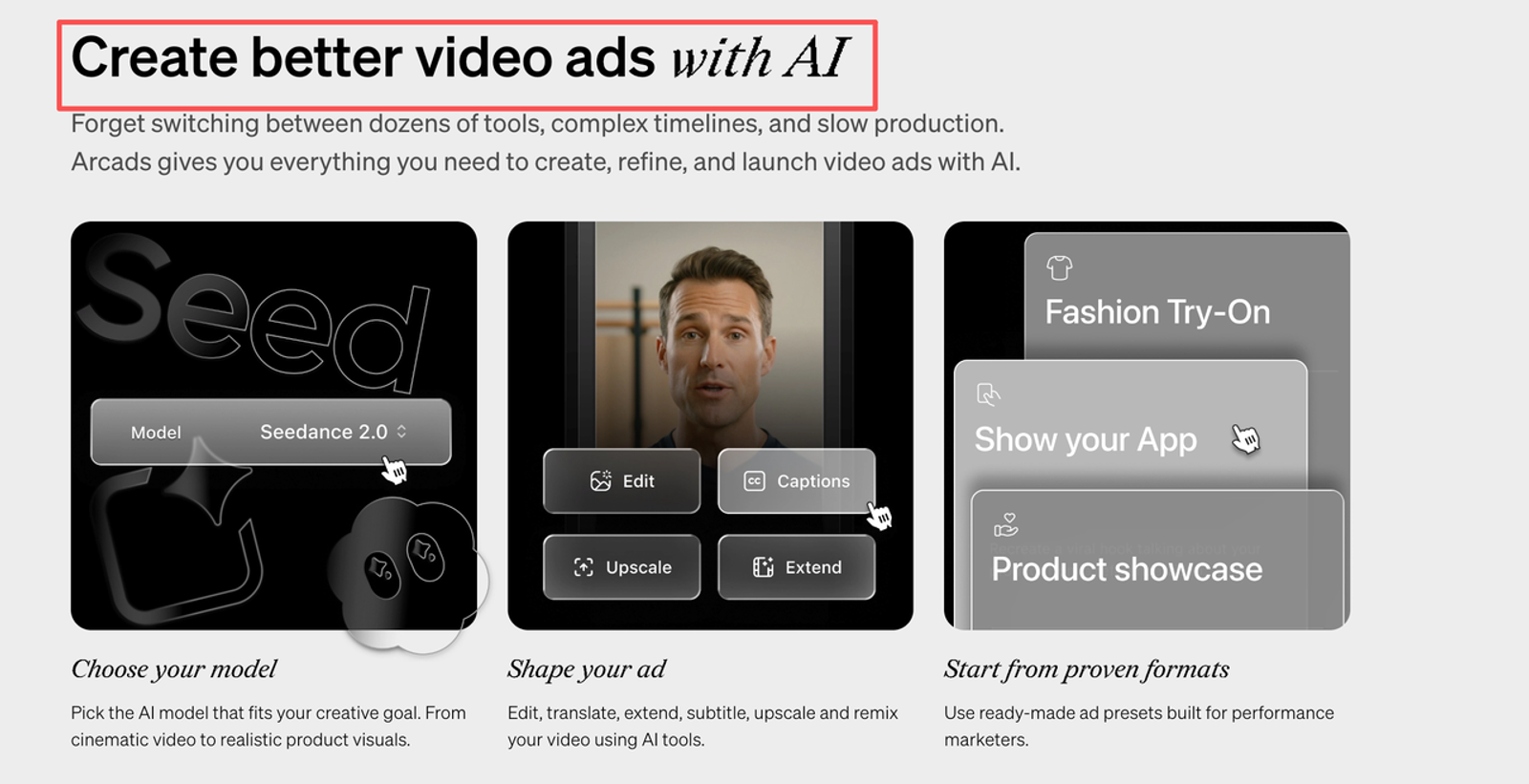Step-by-step workflow showing model selection to create Arcads AI UGC ads for products.