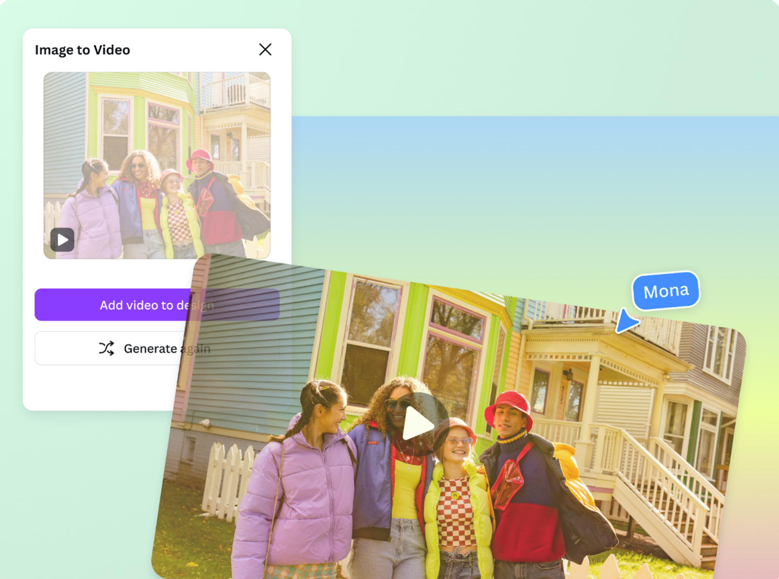 Pop-up preview modal converting lifestyle photos via minimax image to video.