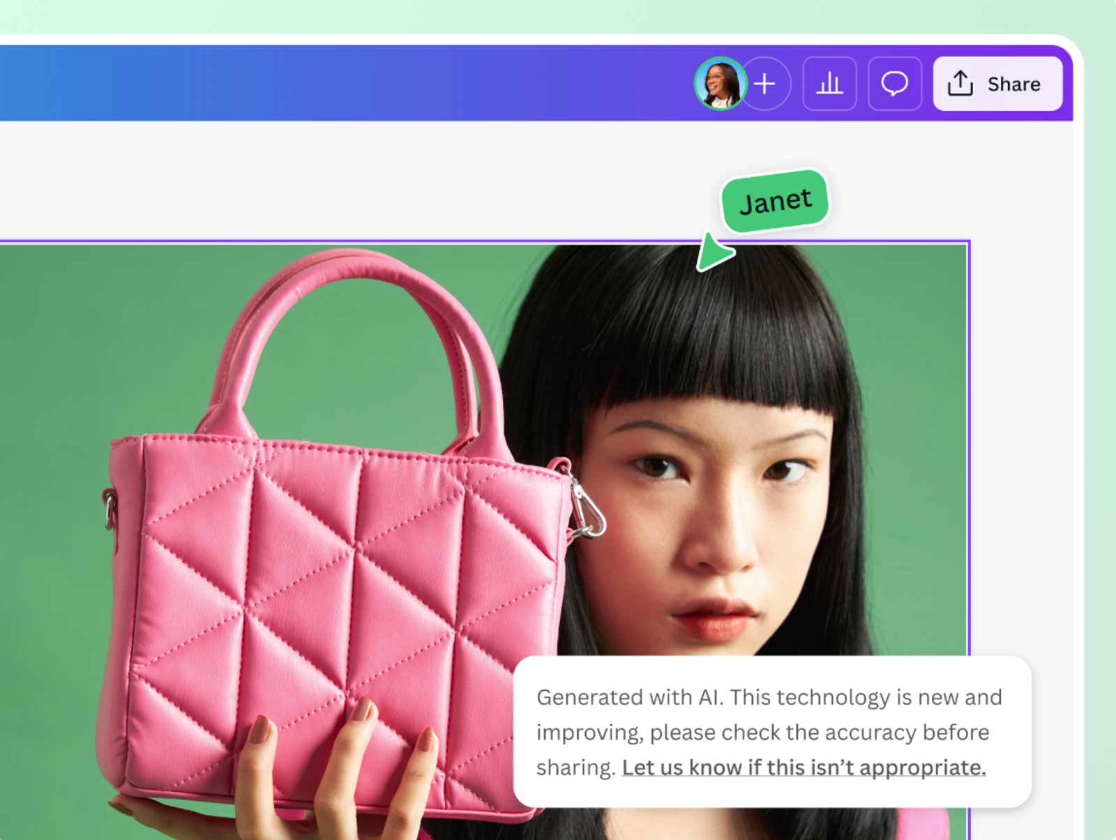 Model holding a handbag in an ai product image to video tool with generation notice overlay.