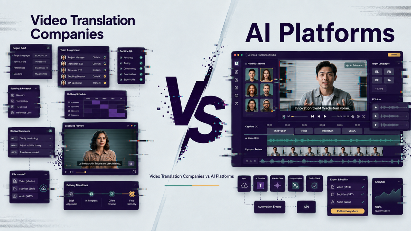 Diagram comparing traditional video translation companies with automated AI platforms.