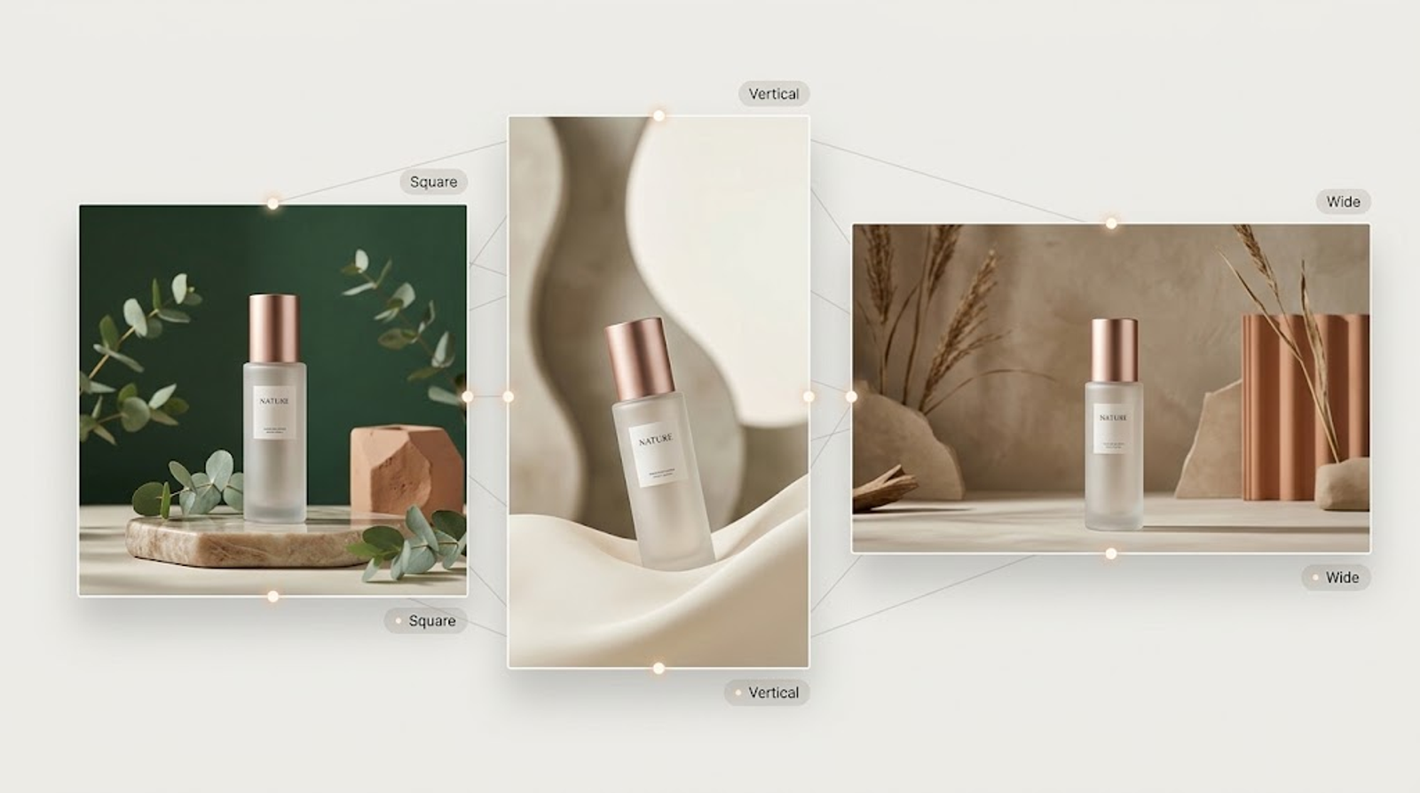 Product image variations in square, vertical, and wide formats showing the same cosmetic bottle across different advertising compositions