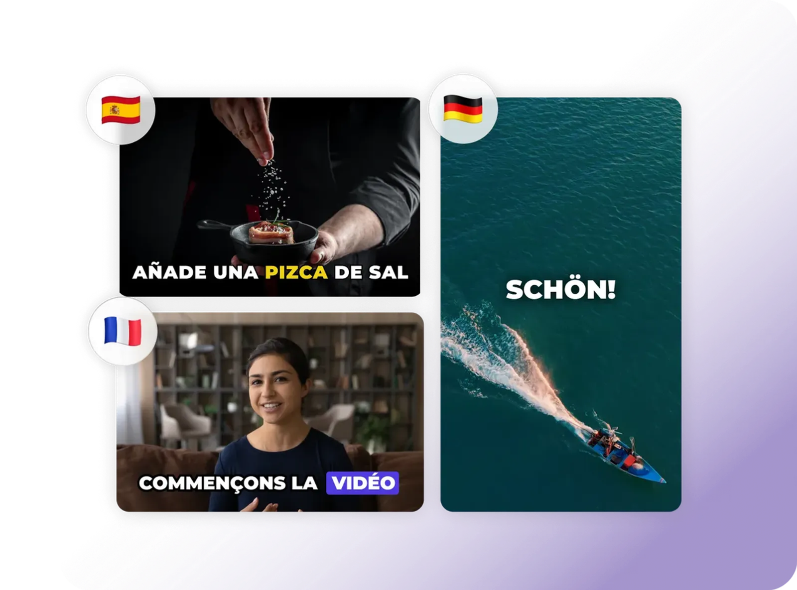 Video frames showcasing Spanish, German, and French captions generated by ai video translation tools.
