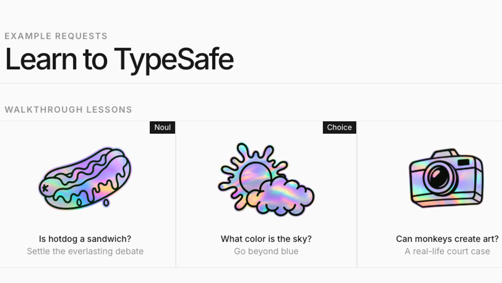 Two developers review a TypeSafe playground on a large monitor, with jev-latest selected and typed Choice, Score, and Noul answers