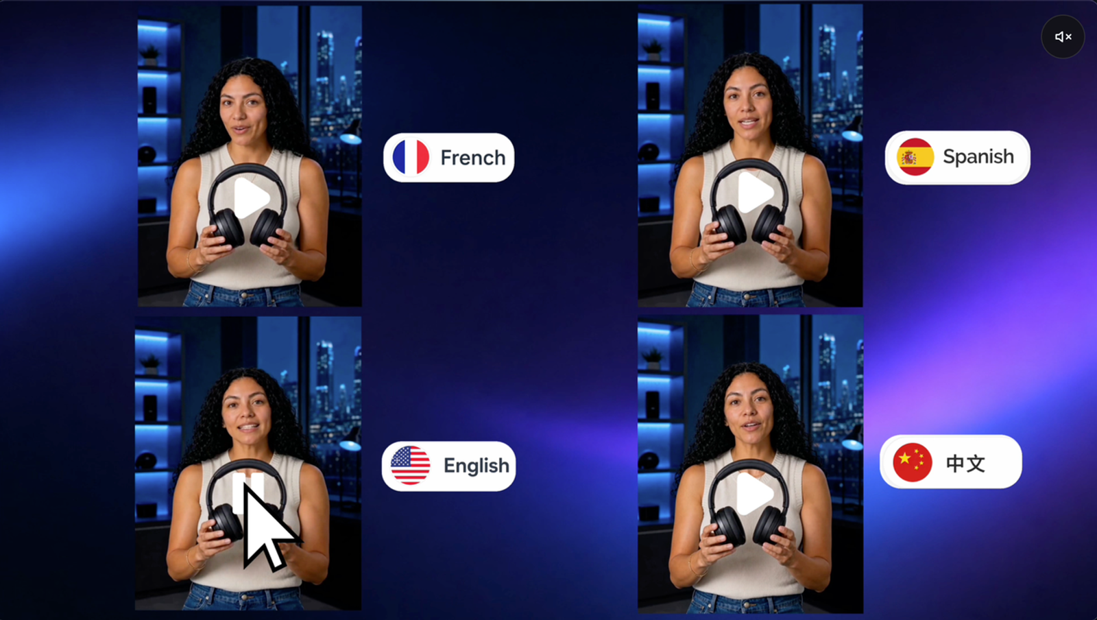 Video localization comparison showing a creator translated into French, Spanish, and Chinese.