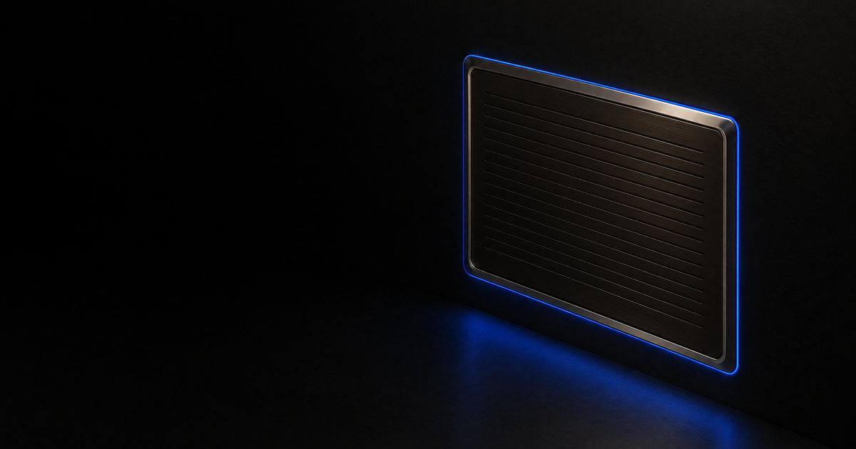 Sealed release gate plate in dark metal, ledger grooves traced by a single blue charge: AI governance recorded at release.
