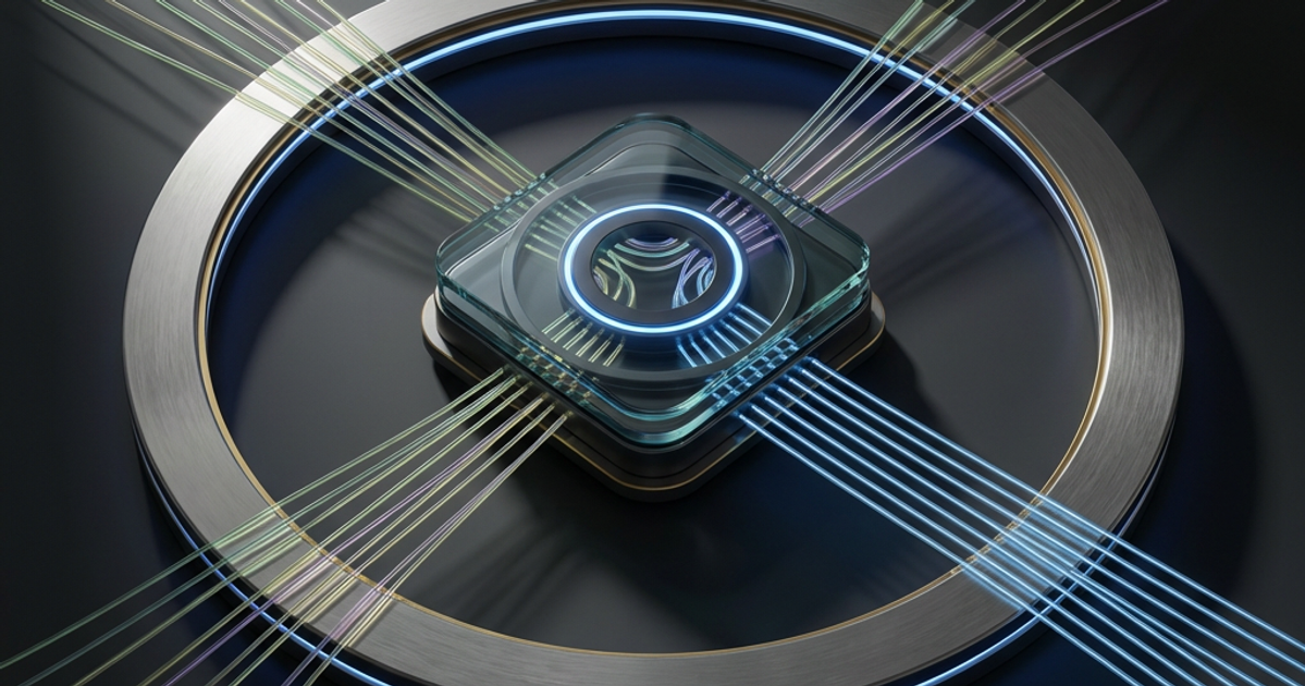 Multiple thin light streams flow inward from different directions (representing distributed AI systems)