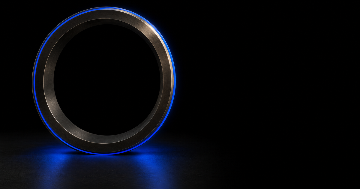 A single machined reference ring in dark metal stands upright on a smooth black floor, read close and square to the camera so its full circle is complete, with one unbroken blue cobalt charge running around the ring's outer rim and a matching cobalt bloom spilling onto the floor beneath it. The ring's inner wall is unlit, and the right half of the frame is empty black.