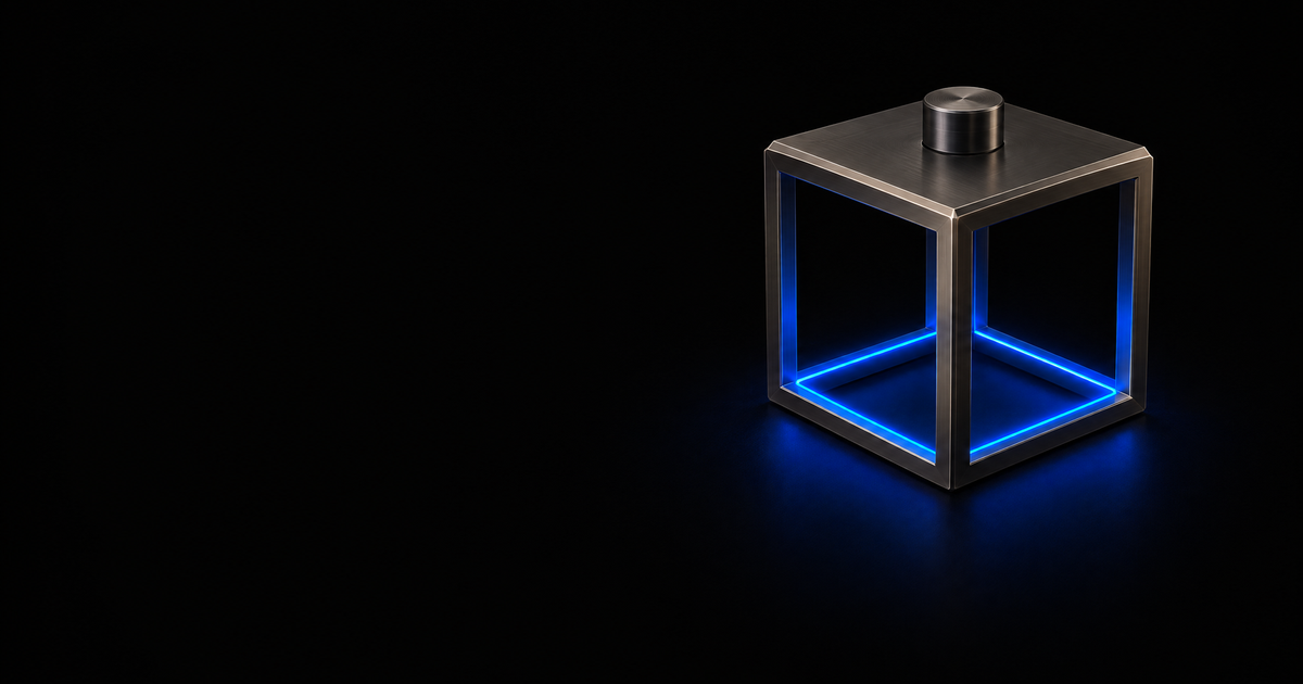 An open cube of machined dark metal standing on a black surface, its four sides unenclosed so the interior is visible from outside, with a single continuous line of blue light tracing the inner edges of its base.