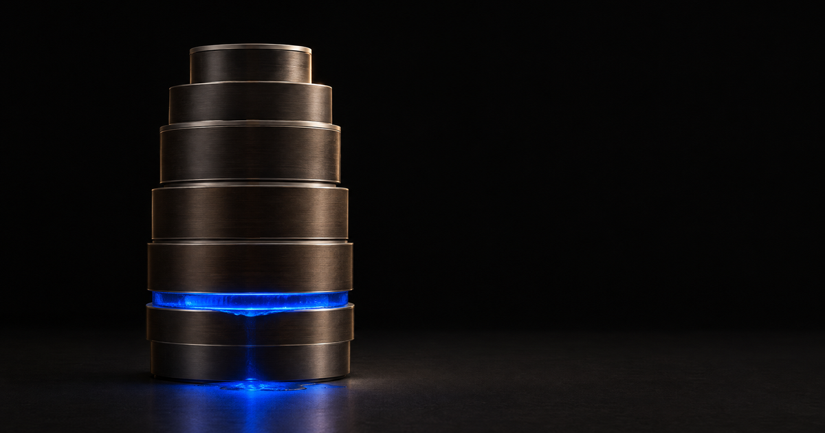 A stepped column of machined dark bronze, seven tiers deep, standing on a black floor. A single unbroken band of blue cobalt light runs around it below the fifth tier and spills onto the floor; the rest of the column is dark.