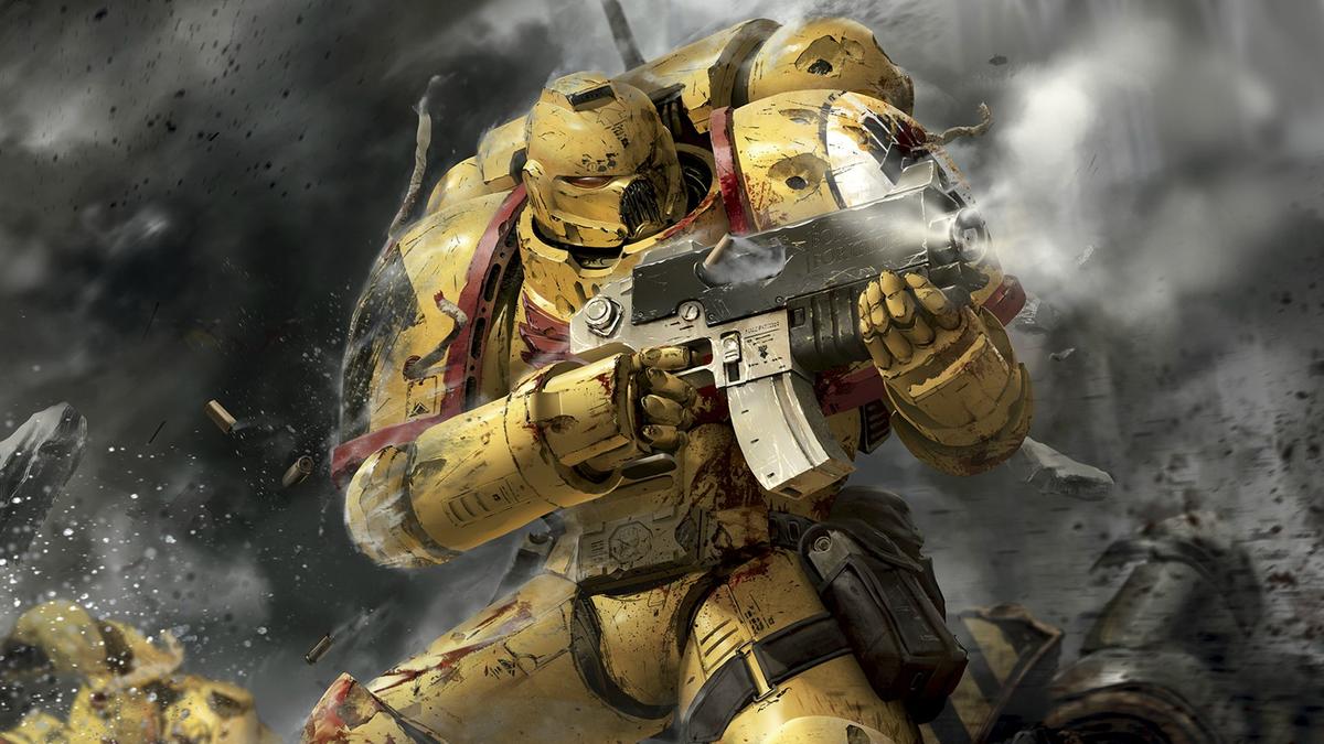 A Space Marine Captain shielding his allies in battle