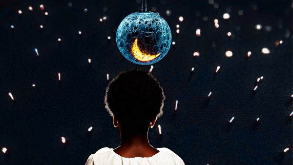 Silhouette of a back of a Black woman's head in white linen, staring at a glass ball with a glowing crescent moon inside, suspended from the ceiling. Background is an abstract field of lights against darkness.