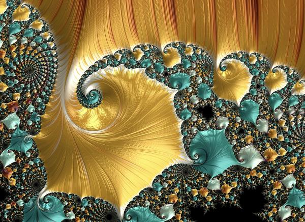 A sea green spiraling fractal pattern against a golden background.