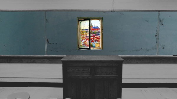 A blackboard and a podium in an empty classroom; in the middle of the blackboard is a cracked window that opens onto a view of Prague on a sunny day.