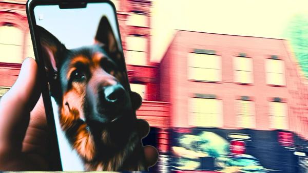 Closeup of hand holding a smartphone with a picture of a dog; in the background is a blurred picture of MOMA PS1, as if in motion.